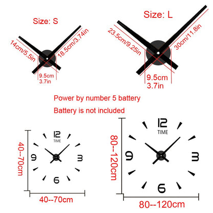 Modern Design Large Wall Clock 3D DIY Quartz Clock Fashion Watch Acrylic Mirror Stickers Living Room Home Decoration Decor