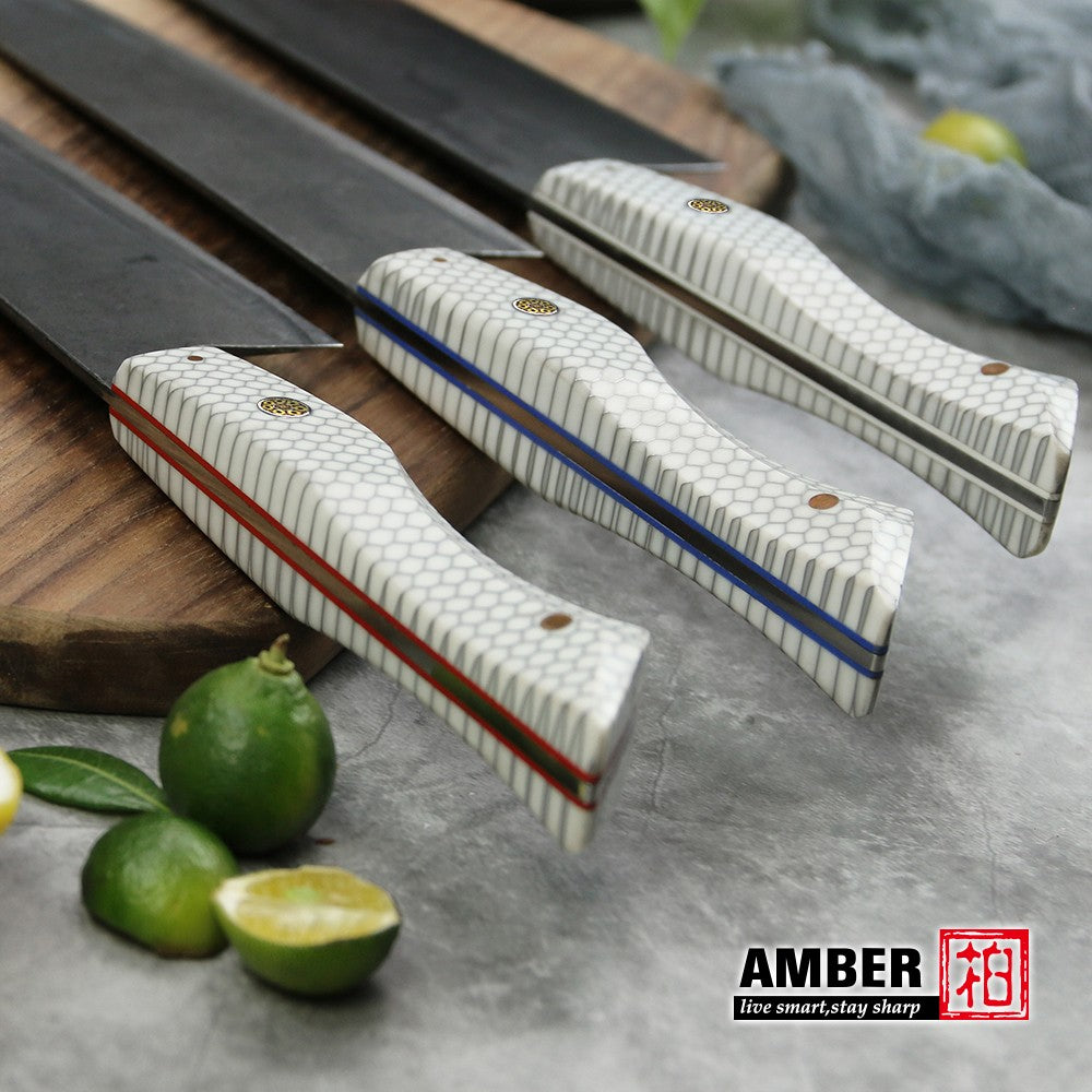 Conjunto de 3 facas de cozinha japonesas afiadas Damascus para Chef e Nakiri, lâmina de aço revestida de 3 camadas com cabo de resina e espaçador G10