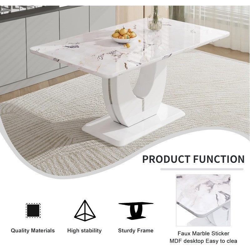 63" Modern Dining Table for 6, Scratch & Heat Resistant Faux Marble, White