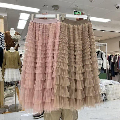 HOT Solid Multilayer Ruffle Mesh Skirt Women Boho High Waist Long Maxi Tulle Skirt Spring Summer Party Women's Clothing