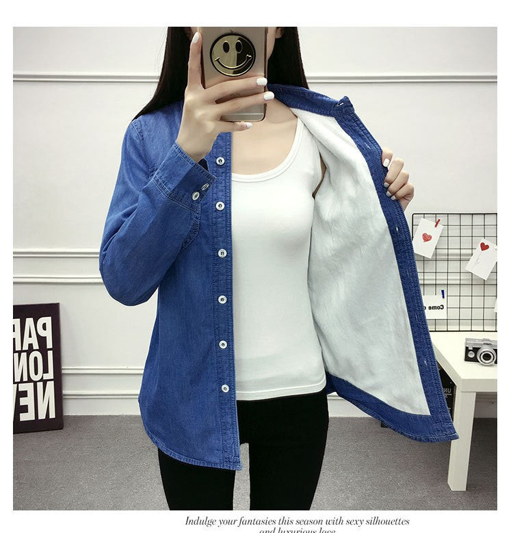 2022 Casual winter Autumn warm thick fleece denim Blouses Women Ladies Tops Women Blouses Long Sleeve Shirt clothe S-3XL