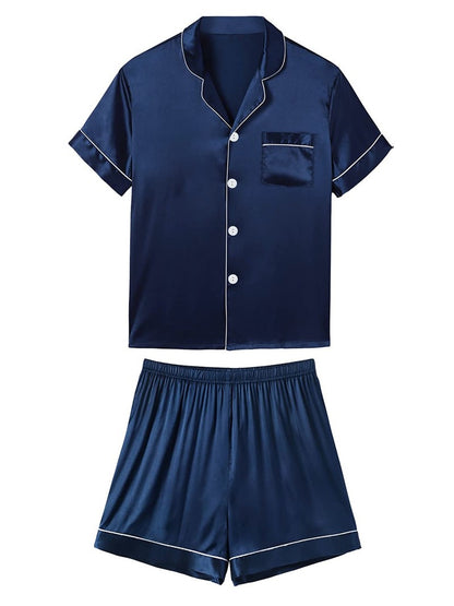 Men's Luxury Satin Pajama Set Short Sleeve Lapel Front Buttons Top And Elastic Shorts Comfortable Fit Loungewear Sleepwear Pjs