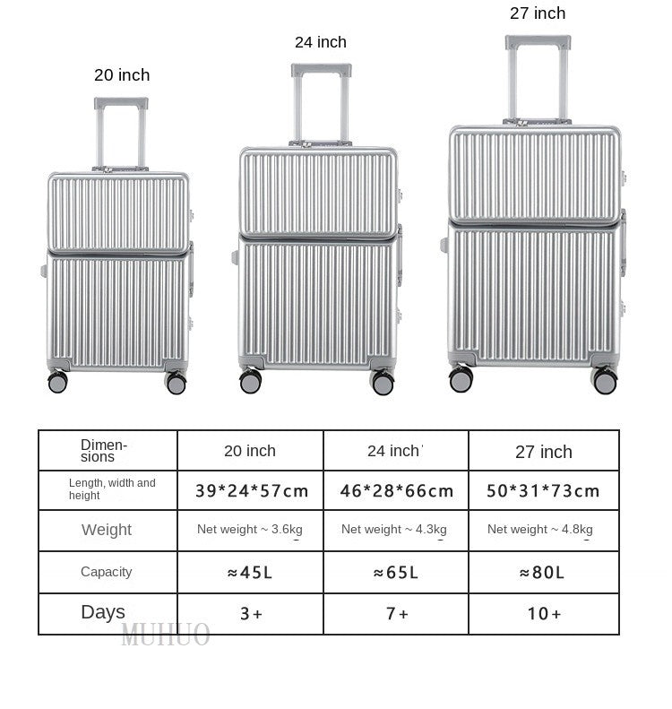Aluminium Frame Suitcase Front Opening Cabin Luggage with USB Cup Holder Female Trolley Case Male Brake Wheel Travel Suitcase