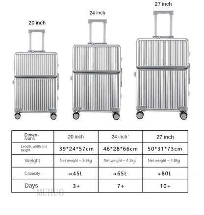 Aluminium Frame Suitcase Front Opening Cabin Luggage with USB Cup Holder Female Trolley Case Male Brake Wheel Travel Suitcase