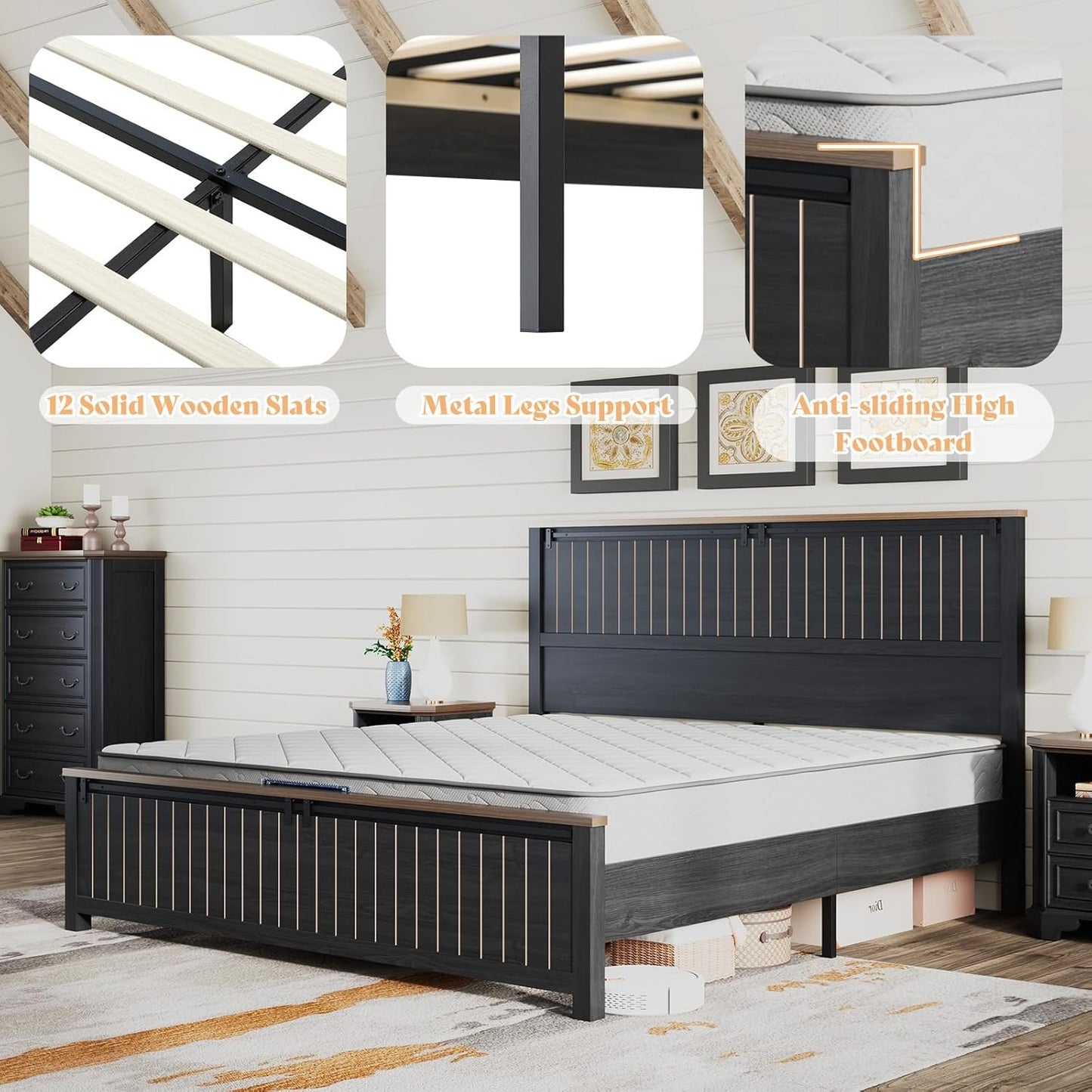 Armação de Cama Queen Size Estilo Fazenda com Porta de Celeiro Deslizante, Armação de Cama Plataforma Rústica de Madeira com Cabeceira Alta de 1,20m, Antirruído