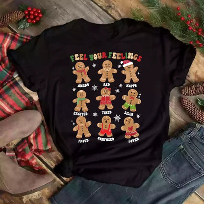 Gingerbread Man Christmas Cartoon Letter Print T-shirt cute sweet Casual Short Sleeve Crew Neck Summer Top Women's Clothing