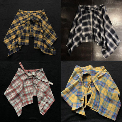 Hip Hop Irregular Men And Women Fake Shirt Hem Plaid Skirt  Y2k Streetwear Harajuku Vintage Sports Street Women Fart Curtain