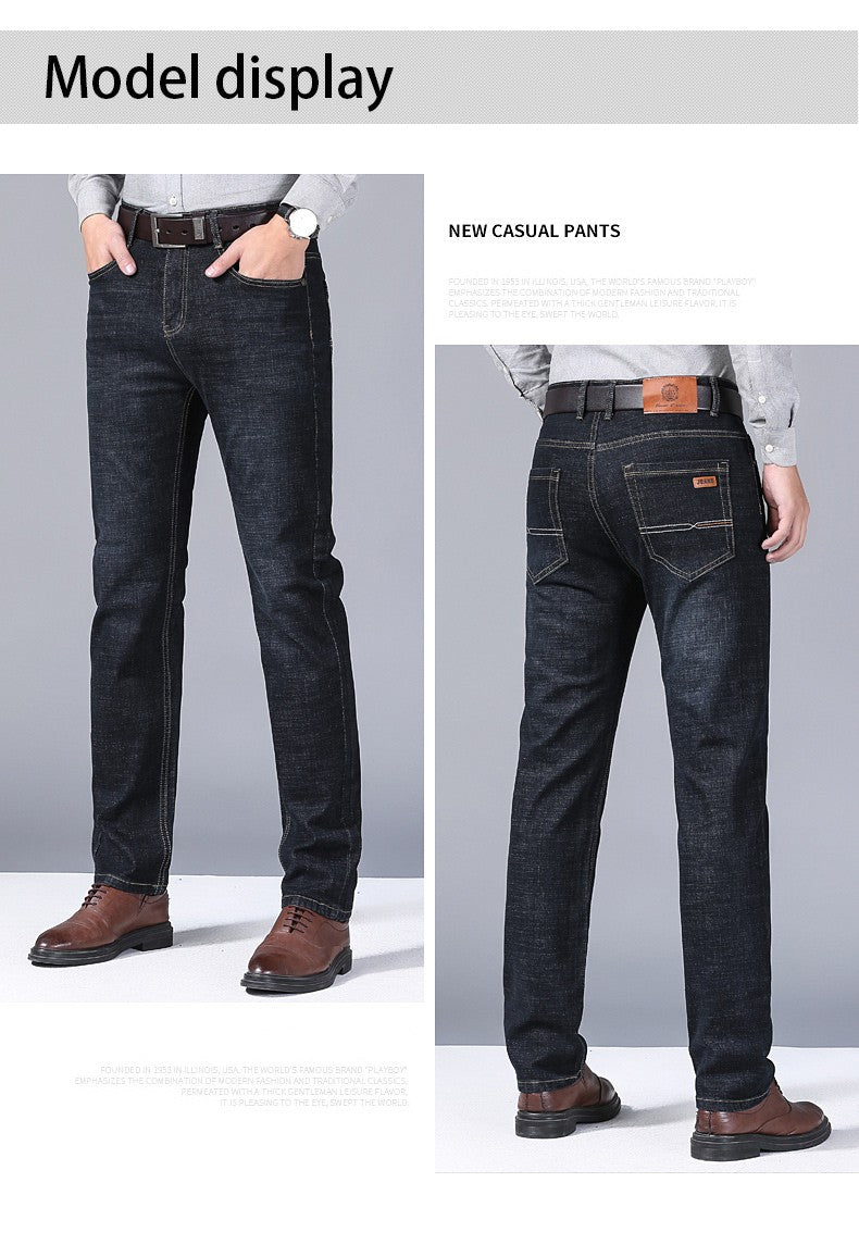 Calças Masculinas Jeans Retas Macias 2025 Outono Clássico Negócios Preto Motoqueiro Jeans Macacão Masculino Pantalone Hombre Mannen Homme