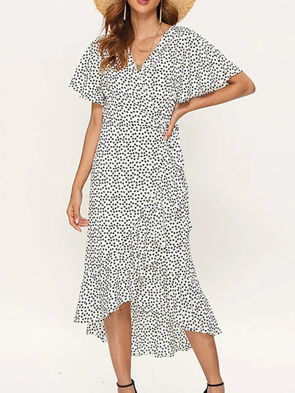 Summer Beach Maxi Dress Women Floral Print Boho Long Chiffon Dress Ruffles Wrap