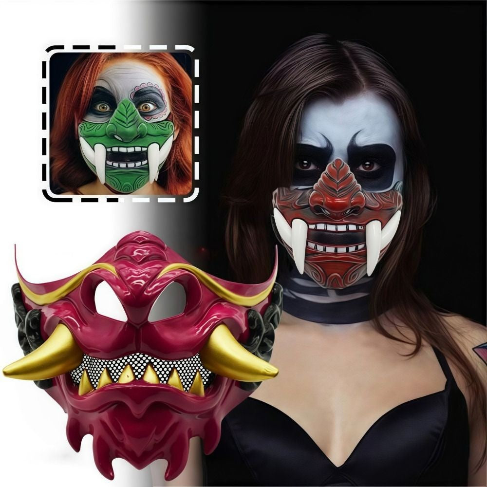 Realistic 3D Japanese Samurai Mask Fierce Teeth Lightweight Halloween Cosplay Masks Breathable Fang Mask Clothing Accessories