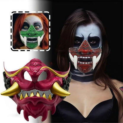 Realistic 3D Japanese Samurai Mask Fierce Teeth Lightweight Halloween Cosplay Masks Breathable Fang Mask Clothing Accessories