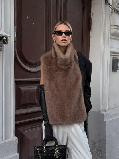 Casual Medium-length Fur Coat Women Fashion Lapel Hidden Button Loose Elegant Warm Outwear 2025 Fashion Office Commute Overcoat