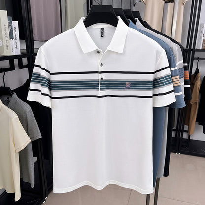 Advanced trend brand men's short sleeve polo shirt luxury striped summer breathable casual fashion letter embossed new T-shirt