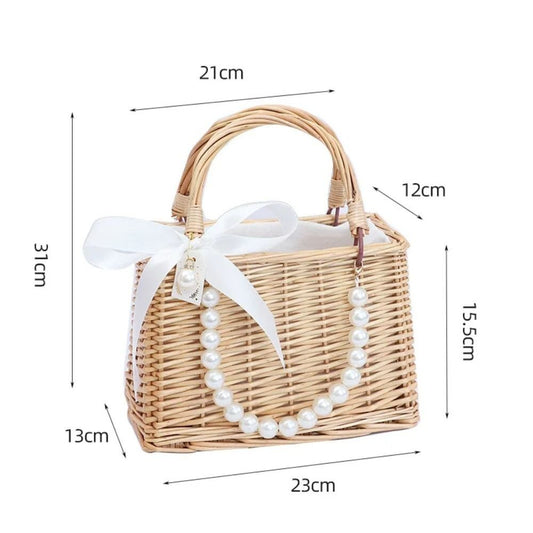 Straw Tote Hand Bags Summer Pearl Handle Handmade Knitted Handbag Storage Rattan Weaving Basket Shoulder Bag Women Girls