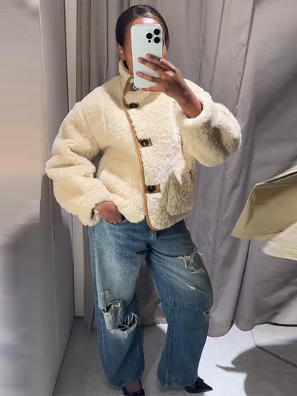 Suede Plush Both Sides Women's Coat Jacket Single Breasted Stand-Up Collar Pockets Female Jackets Autumn Loose Solid Coat Ladies