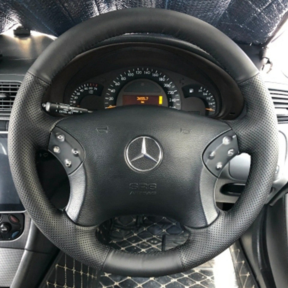 Capa de volante de couro artificial preto antiderrapante costurada à mão, personalizada para Mercedes Benz Classe C W203 2001-2007
