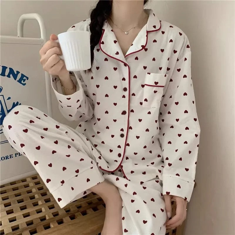 M-XXL Large Size Nightwear Women Sleepwear Autumn and Winter Cardigan Home Wear Peach Heart Long Sleeves School Silk Pajamas