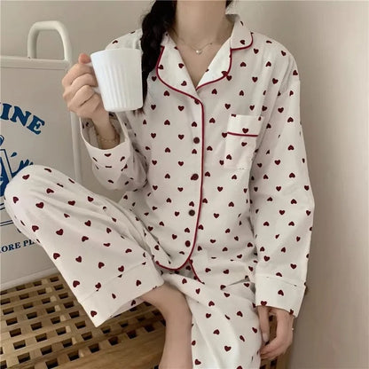 M-XXL Large Size Nightwear Women Sleepwear Autumn and Winter Cardigan Home Wear Peach Heart Long Sleeves School Silk Pajamas