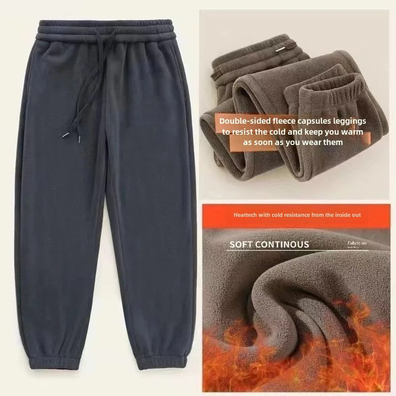 Double-Sided Zippered Fleece Pants For Men Thickened Winter Warm Sweatpants Casual Loose Fit Outerwear Trousers