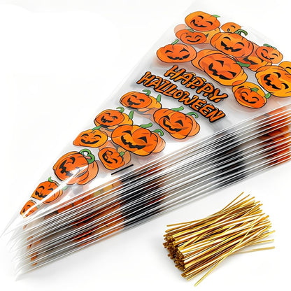 50/100pcs Cute Pumpkin Triangle Candy Bags Happy Halloween Print Cone Snack for Party Giveaways YMY