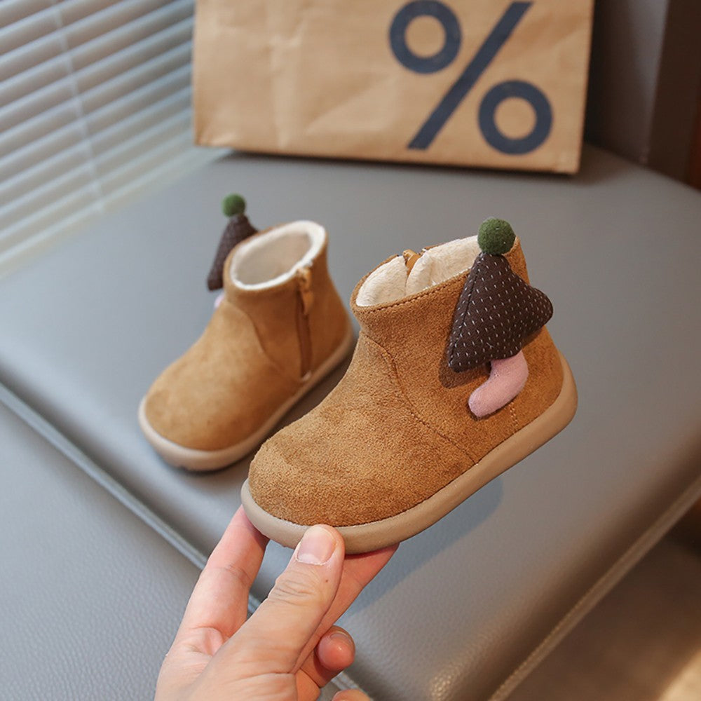 Christmas Children's Snow Boots PU Leather Vintage Girl's Plush Boots Anti-slippery Kid's Warm Padded Boots Cotton Shoes