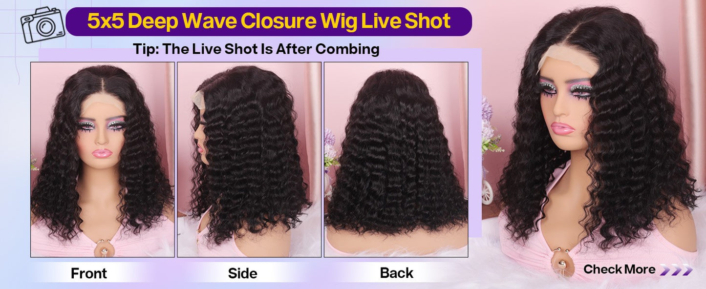 Peruca Bob Curta Sem Cola 250 Densidade 10 Polegadas Onda Profunda Perucas Bob Front Lace Cabelo Humano 5x5 Peruca Bob Sem Cola Cabelo Humano Pronta Para Usar