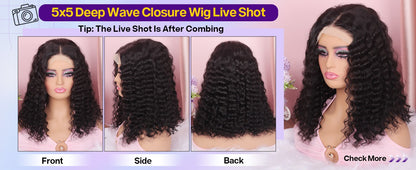 Peruca Bob Curta Sem Cola 250 Densidade 10 Polegadas Onda Profunda Perucas Bob Front Lace Cabelo Humano 5x5 Peruca Bob Sem Cola Cabelo Humano Pronta Para Usar