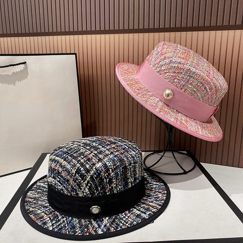 Chapéu jacquard estilo socialite europeia delicado e elegante com pérolas, chapéu de tweed rosa, chapéu de festa feminino da moda