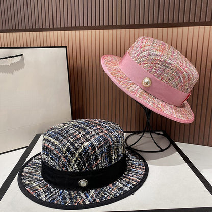 Chapéu jacquard estilo socialite europeia delicado e elegante com pérolas, chapéu de tweed rosa, chapéu de festa feminino da moda