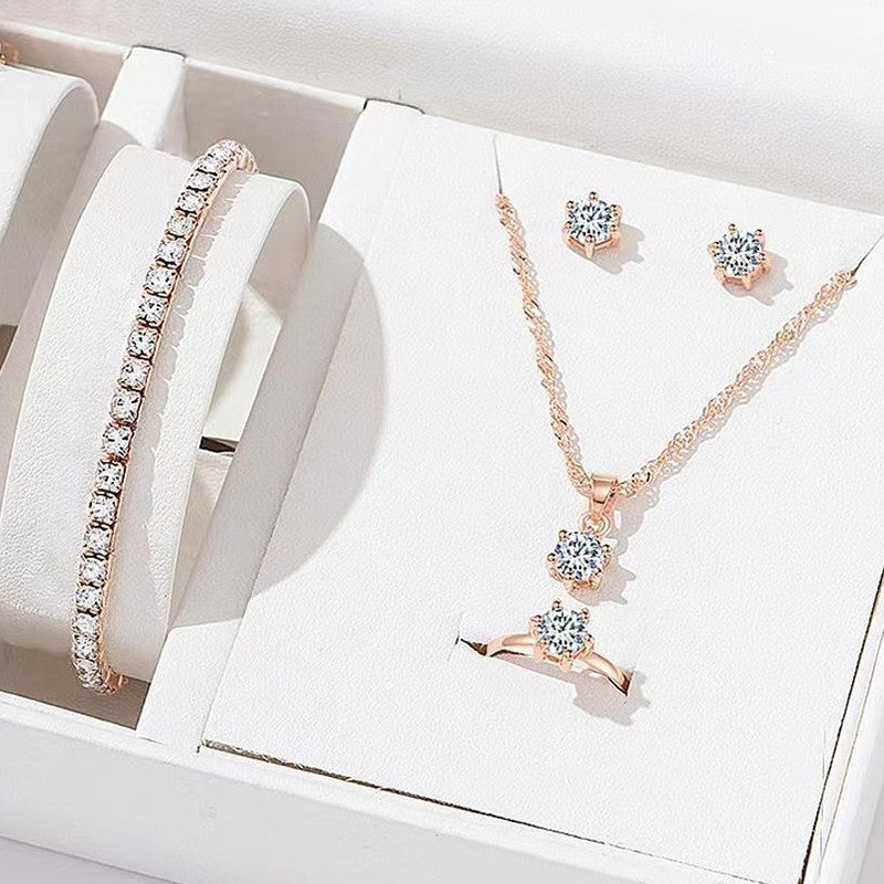 Conjuntos de joias elegantes de cristal 5 peças para mulheres Colar Brincos Anel Pulseira Joias de princesa Conjunto de casamento de noiva Dia dos Namorados