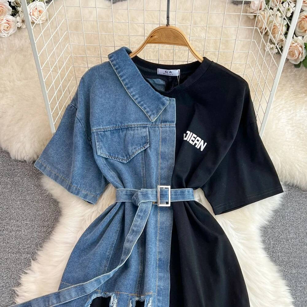 XFPV Women's Sweet high Waist Wrap Belt Round Neck patchwork Denim Shirt  Chic Top Y2k Korean Fashion Spring Summer 2025 SM11327