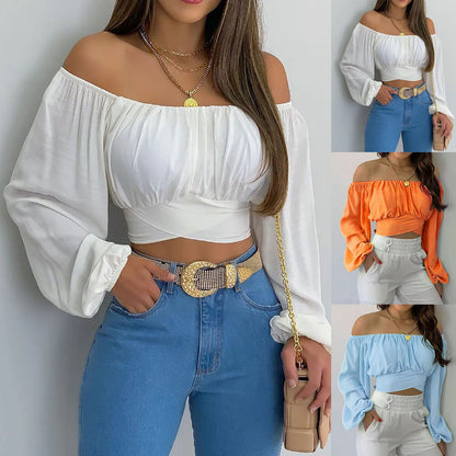 Women Sexy Off Shoulder Long Sleeve Top Self Tie Knot Crop Top Blouse Solid Color WoMen's Blouses Y2k Female Summer Shirts ????