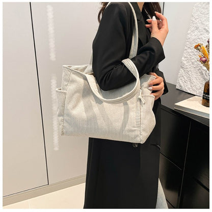 Casual Corduroy Handbag with Zipper Closure Light and Large Capacity Fixed Shoulder Strap Solid Color Daily Commuter Handbag