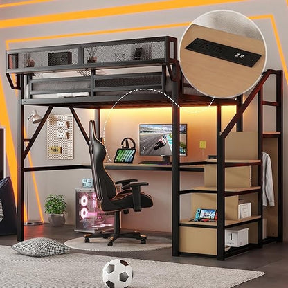 Cama Alta Gamer com Escadas e Escrivaninha, Estrutura de Cama Alta de Metal com Prateleira Lateral e Luz, Camas Altas para Adultos Reforçadas