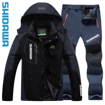 Traje de Pesca de Inverno Corta-Vento Impermeável Soft Shell Masculino Tamanhos Grandes com Capuz Acolchoado de Veludo Quente + Conjunto de Calças de Pesca para Caminhada