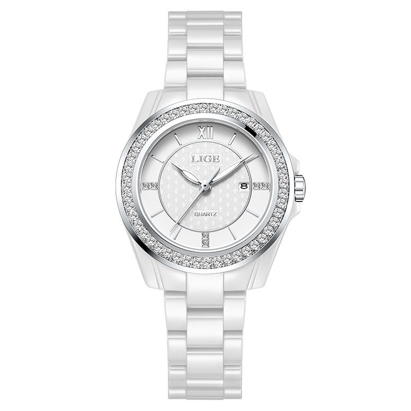 LIGE Fashion Quartz Watch for Women Stainless Steel Ceramics Strap Waterproof Women's Watches Elegant Luxury Ladies Wristwatch
