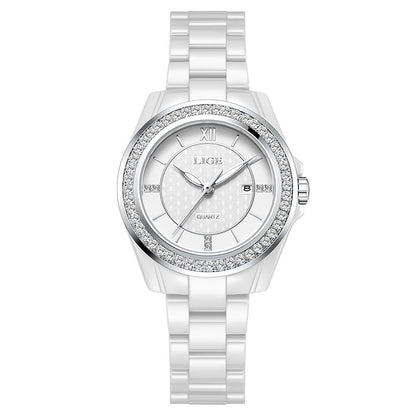 LIGE Fashion Quartz Watch for Women Stainless Steel Ceramics Strap Waterproof Women's Watches Elegant Luxury Ladies Wristwatch