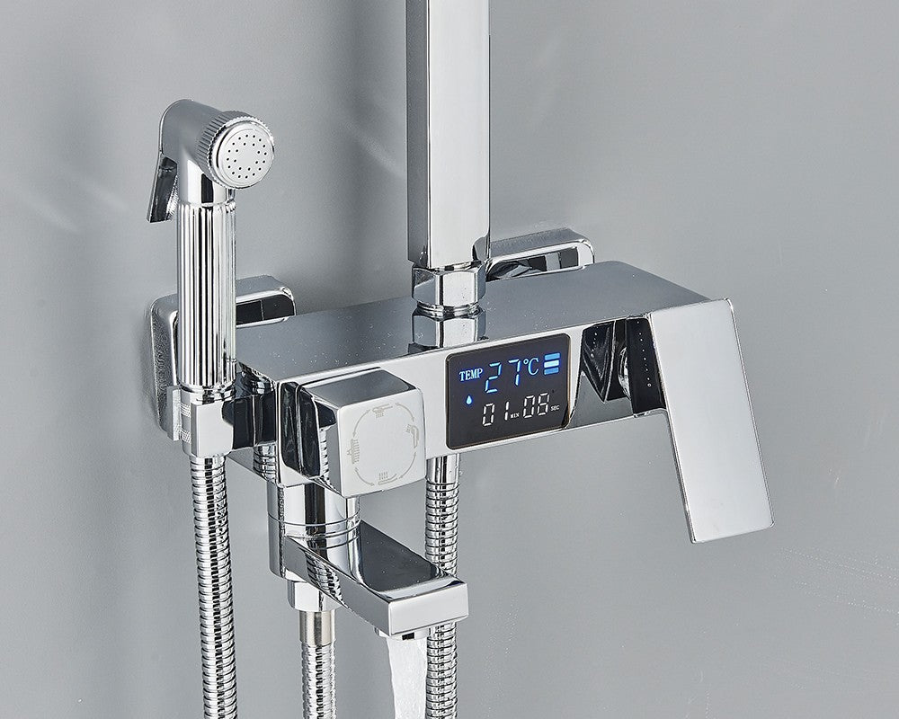 Black Digital Display Thermostatic Shower Faucet Bathroom Thermostatic 4 ways Rainfall Shower Mixer Tap,Shelf and Bidet Faucets