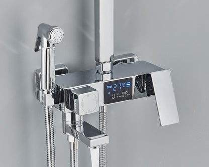 Black Digital Display Thermostatic Shower Faucet Bathroom Thermostatic 4 ways Rainfall Shower Mixer Tap,Shelf and Bidet Faucets