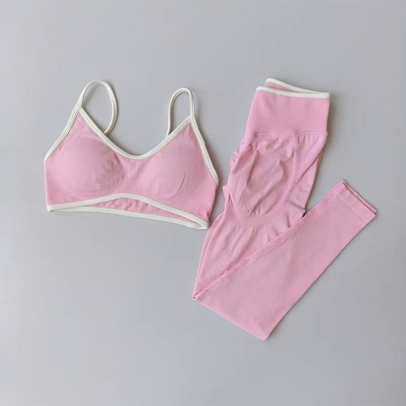 Women's Fitness Suit, Strappy Contrast Color Patchwork Sports Shockproof Slimming Quick-Dry Nude Feel Pants, Yoga Wear