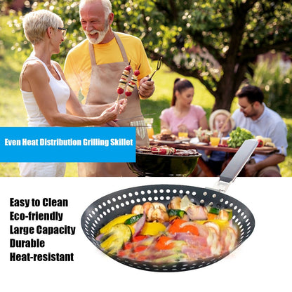 Non-stick Metal Grilling Skillet Handle Removable Handle for Outdoor Grill Topper Barbecue Pan for Vegetables Seafood Meat