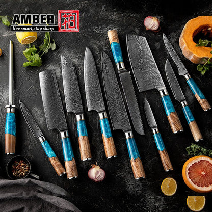 Conjunto de Facas de Cozinha Amber Hot selling 67 Camadas de Aço Damasco Lâmina Super Afiada Fio 10Cr15CoMoV com Cabo de Resina e Madeira