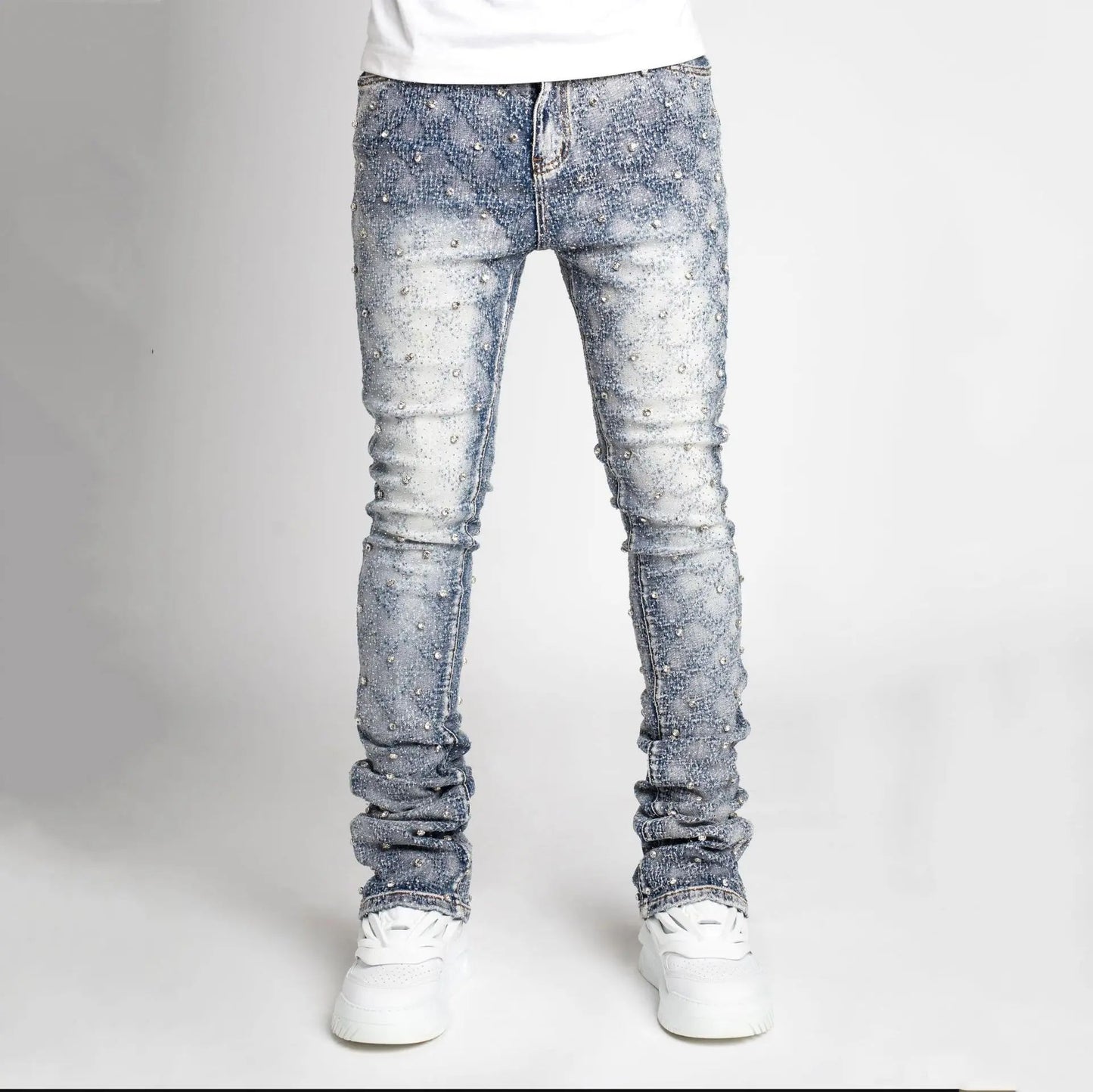 Men Denim Fashion Individualistic Straight-leg Men Trousers European and American Fashion Elastic Pearl Denim Layered Long Pants