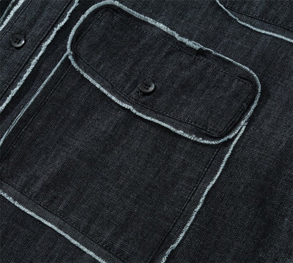 Vintage Raw Edge Denim Shirts Mens Streetwear Harajuku Short Sleeve Shirt Men Loose Casual Cargo Blouse Japan Style Tops Male