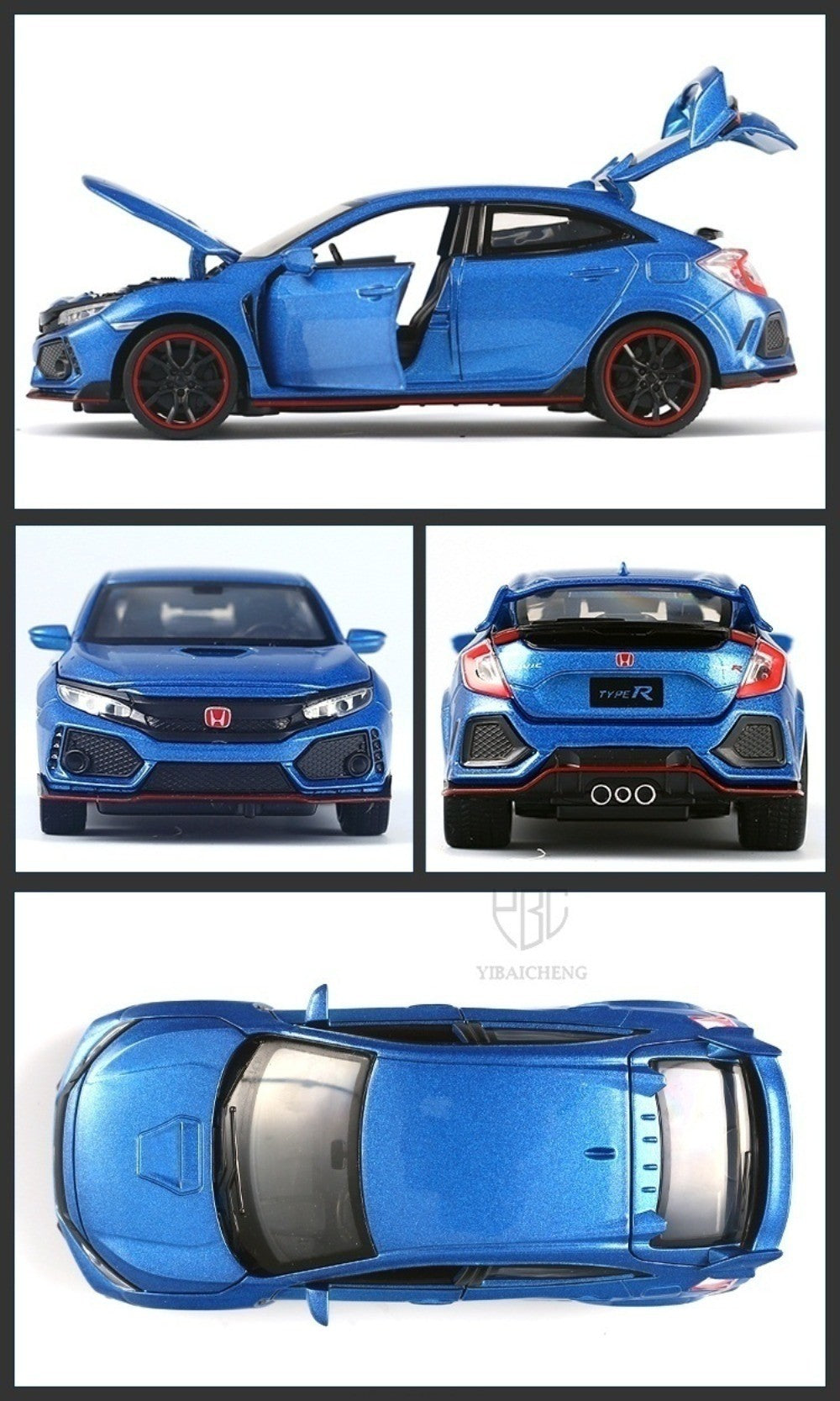 Carrinhos de brinquedo Honda Civic Type-R em liga metálica, escala 1:32, modelos fundidos com som e luz, veículos em miniatura, presentes de aniversário para crianças e adultos