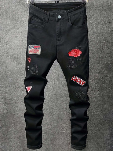 Men's slim fit jeans embroidered elastic straight leg denim pants