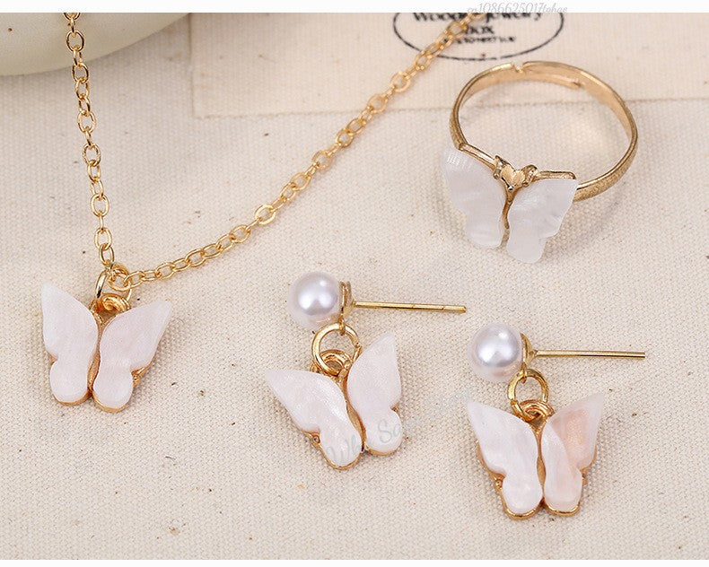 Conjuntos de Joias de Borboleta com Cristal Acrílico Romântico Pulseira Anel Colar Brinco Conjunto para Mulheres Acessórios de Vestido de Jantar de Casamento