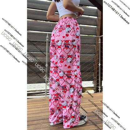 HOT SALE 2025 Hello Kitty Girls Pajamas Cartoon Y2K Print Street Dance Trousers Women Casual Couple Home Graffiti Pajamas Pants