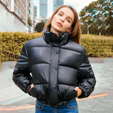 Winter Thick Warm Cropped Puffer Jacket Women Black PU Leather Parkas Elegant Zipper Coat Cotton Padded Punk Outwear 2023