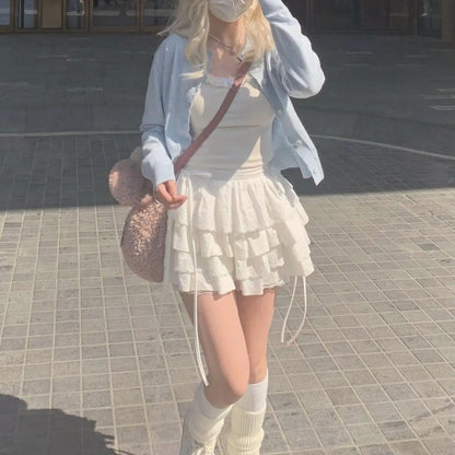 Summer White Mini Skirts Women Lace Patchwork Sweet A-line Slim High Street Bow Korean Fashion Y2k Skirt Harajuku Streetwear Ins